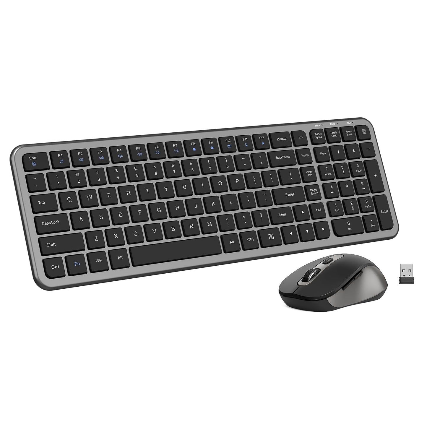 Silent Keyboard and Mouse, Wireless Compact Full-Size Computer Keyboard with Calculator Button, 2400 DPI Mouse, Quiet Clicking, Ultra-Thin Cordless USB Kit for Windows Mac Laptops - Iron Grey