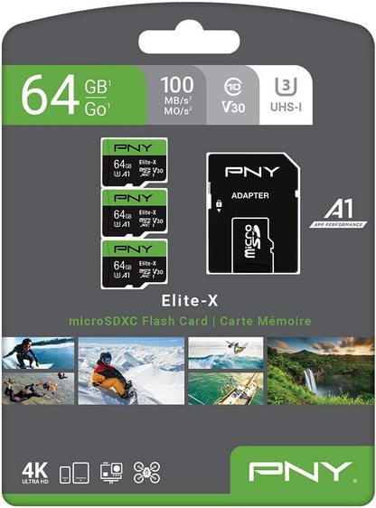 PNY 64GB Elite-X Class 10 U3 V30 microSDXC Flash Memory Card, 3 Count (Pack of 1) - 100MB/s, Class 10, U3, V30, A1, 4K UHD, Full HD, UHS-I, Micro SD