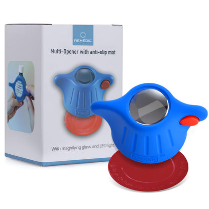 Remedic Medikamentenflaschenöffner mit Lupe und LED-Licht – Griffhilfe für schwache Hände – Rutschfeste Matte für einhändige Bedienung – Arthritisfreundlicher Mehrzwecköffner – Pflegehilfsmittel für Senioren