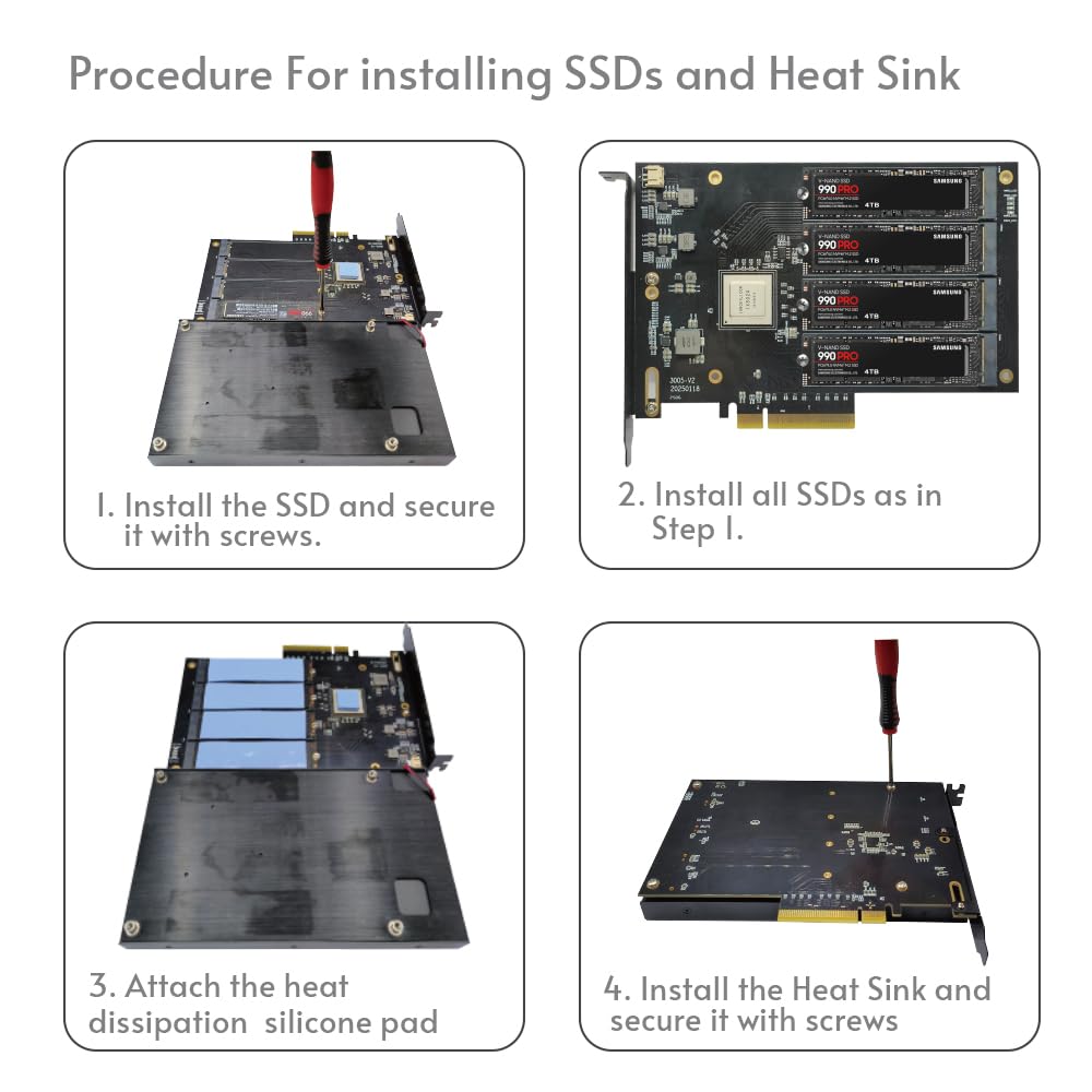 Quad PCIe4.0 NVMe M.2 SSD Adapter Card-PCI Express 4.0 x8 Card Support 4X M.2 NGFF PCIe NVMe SSD for Mac & PC (IX8024 Switch)-Support Non-Bifurcation Motherboard(3005K)