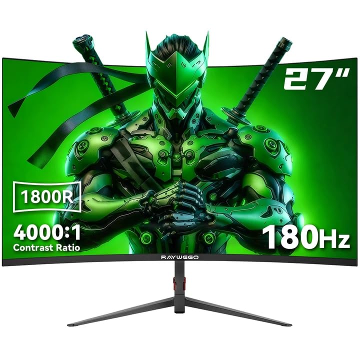 Raywego 27 inch Curved Gaming Monitor 180Hz Full HD 1080P 1800R Computer Monitor Display with FreeSync & Eye-Care, 4000:1 Contrast Ratio,Support VESA, DP, HDMI Port for Gaming Home Office