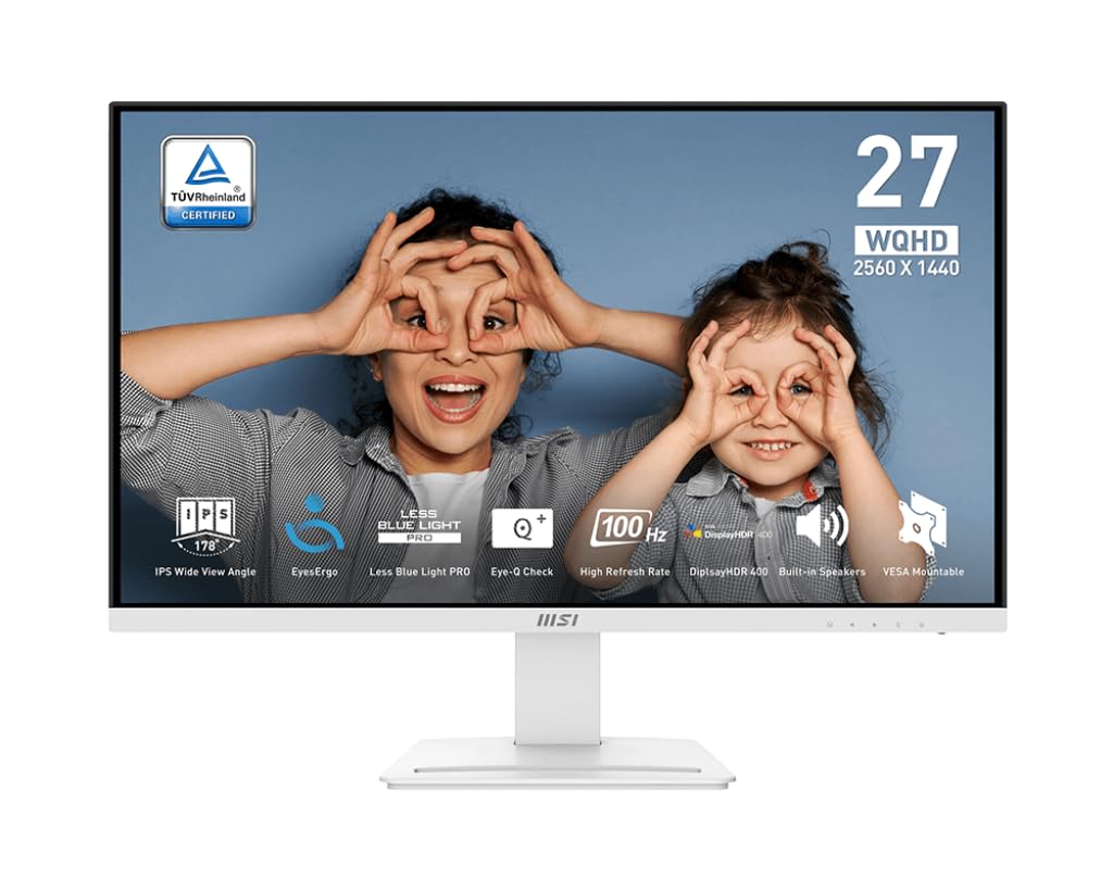 MSI PRO MP273QW E2 AMZ 27-inch IPS 2560 x 1440 (QHD) Computer Monitor, 100Hz, Adaptive-Sync, HDMI, VESA Mountable, Tilt, Speaker, 1ms, White