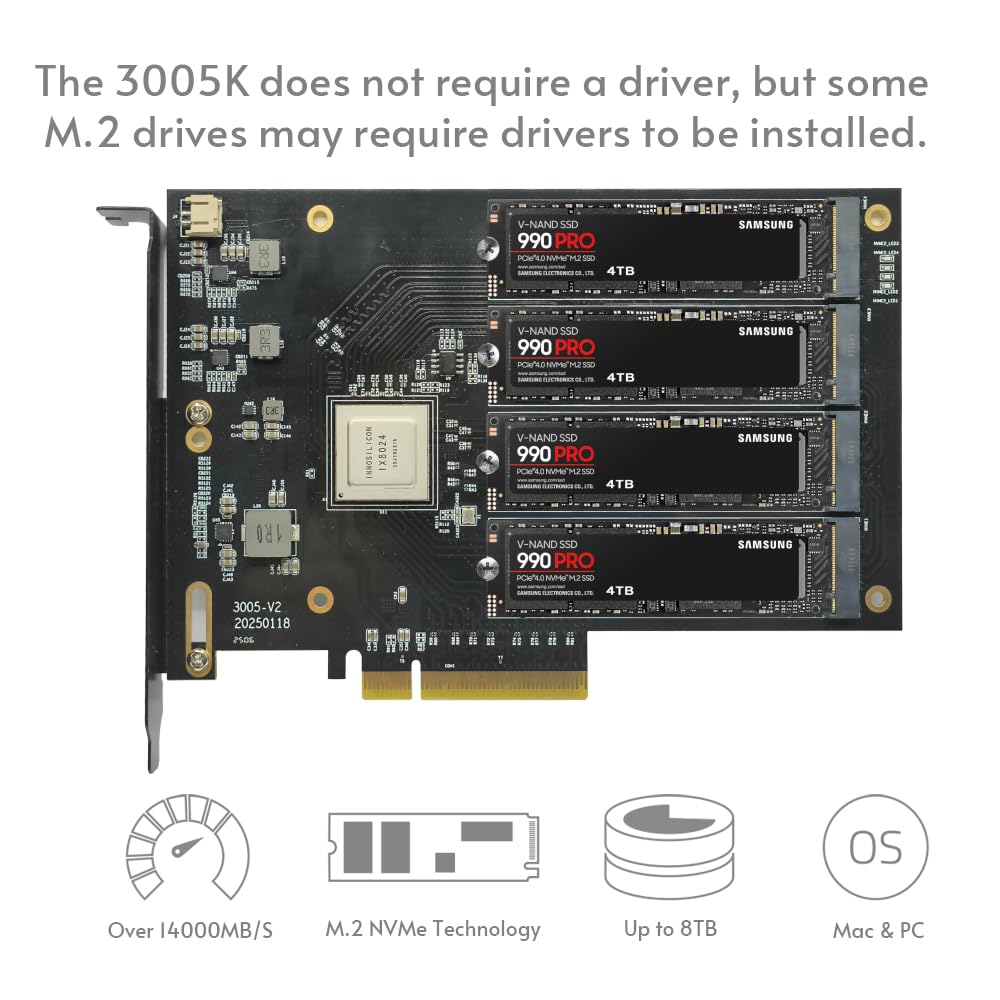 Quad PCIe4.0 NVMe M.2 SSD Adapter Card-PCI Express 4.0 x8 Card Support 4X M.2 NGFF PCIe NVMe SSD for Mac & PC (IX8024 Switch)-Support Non-Bifurcation Motherboard(3005K)