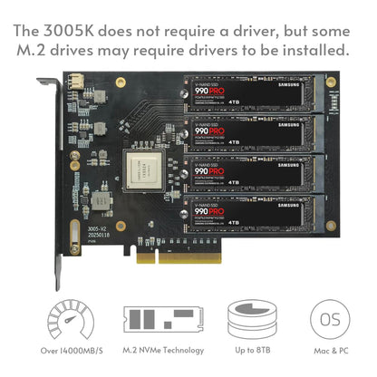 Quad PCIe4.0 NVMe M.2 SSD Adapter Card-PCI Express 4.0 x8 Card Support 4X M.2 NGFF PCIe NVMe SSD for Mac & PC (IX8024 Switch)-Support Non-Bifurcation Motherboard(3005K)