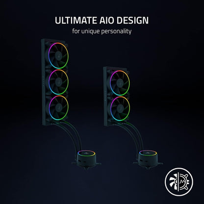 Razer Hanbo Chroma RGB All in One Liquid Cooler aRGB Pump Cap: AIO Design - Quiet, Powerful aRGB Fans - PWM Fan Controller Support - Intel LGA 115X Series, 2011, 1200, 1700, AM5 Compatible - 360MM