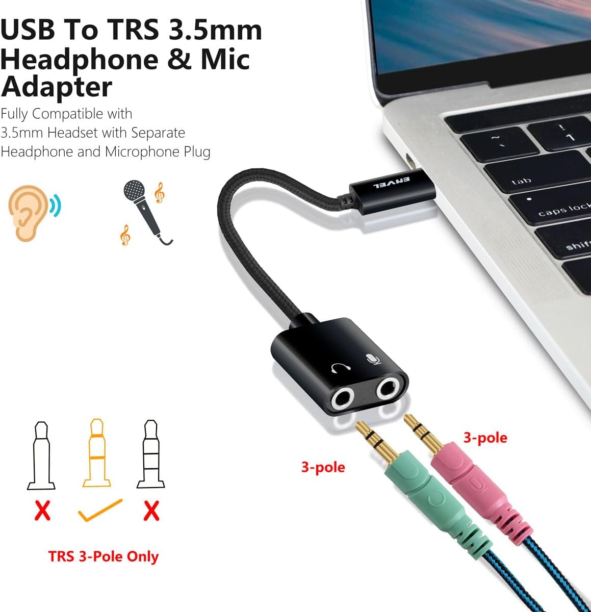 ENVEL USB-auf-3,5-mm-Audioadapter, Aux-auf-USB-Stereo-Soundkarte mit zwei TRS-3-poligen 3,5-mm-Kopfhörer- und Mikrofonbuchsen für PS4/PS5/PC/Laptop, Kopfhöreradapter mit integriertem Chip (Schwarz Pro) 