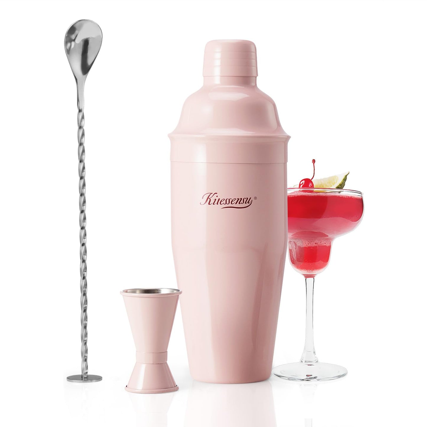 Cocktail Shaker, KITESSENSU 24oz Drink Shaker with Bartender Strainer, Measuring Jigger, Bar Mixing Spoon, Cocktail Recipe Guide, Professional Drink Mixer Set for Beginners, Silver
