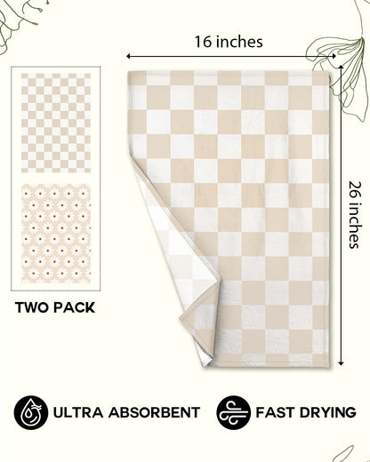 Miss Adola 2 Pack Flour Sack Kitchen Towels - 16x26 Inch Cotton Dish Towels with Hanging Loop Reusable Geometric Boho Modern Retro Tea Towel Absorbent Dishcloths Home Decor, Beige Checkered Flower