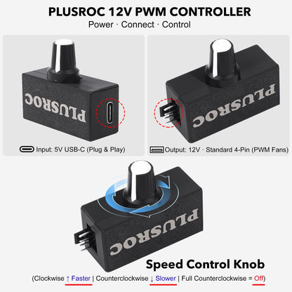 PlusRoc 12V PWM PC Fan Controller with USB Type-C Power Cable & 4-Pin 4-Way Fan Hub Splitter, DC 12V Fan Speed Controller, 8W Output(Lite)
