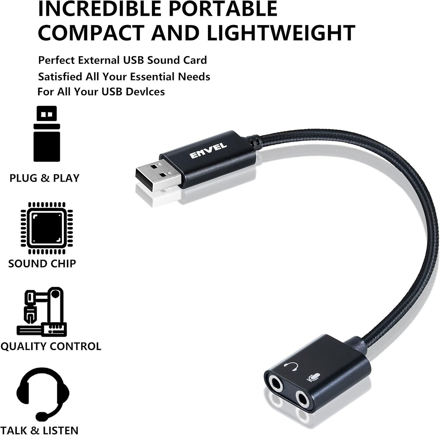 ENVEL USB-auf-3,5-mm-Audioadapter, Aux-auf-USB-Stereo-Soundkarte mit zwei TRS-3-poligen 3,5-mm-Kopfhörer- und Mikrofonbuchsen für PS4/PS5/PC/Laptop, Kopfhöreradapter mit integriertem Chip (Schwarz Pro) 