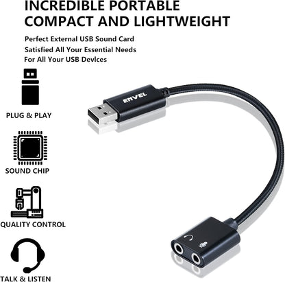 ENVEL USB-auf-3,5-mm-Audioadapter, Aux-auf-USB-Stereo-Soundkarte mit zwei TRS-3-poligen 3,5-mm-Kopfhörer- und Mikrofonbuchsen für PS4/PS5/PC/Laptop, Kopfhöreradapter mit integriertem Chip (Schwarz Pro) 