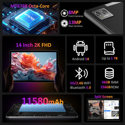 POWMUS Tablets 2025 14 inch Android 14 Tablet, 36GB RAM, 256GB Storage(Expand to 1TB), 2K Display, 8 Core CPU, 11580mAh Battery,4 Speakers, WiFi 5GHz Tablet with Pen Case-Black