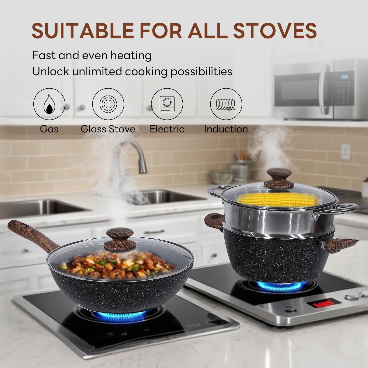 Sweetcrispy 17 Pcs Nonstick Pots and Pans, Non-toxic Kitchen Cooking Set with Stay-Cool Handles, Natural Black