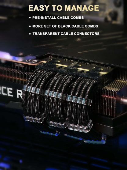 Sirlyr Transparent Connector PSU Cable Extension Kit Customed PC Power Supply Extend Mod 16AWG with 24 Pin ATX × 1/8 Pin EPS × 1/ Gold-Plated 8Pin Pcie × 2,Soft Nylon Braided Black