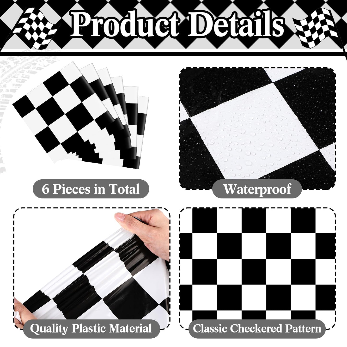 Preboun 6 Pcs Plastic Checkered Table Runner 14 x 108 Inch Racetrack Road Table Runner for Two Fast Car Theme Birthday Racing Party Decor Events Supplies (Black White Checkered)