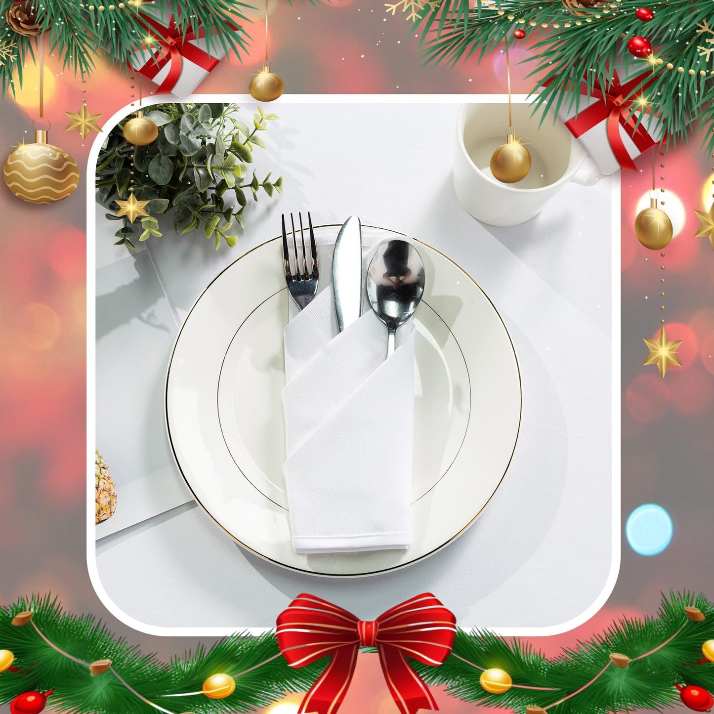 OTR ORVETEX Christmas White Cloth Napkins, 20 x 20 inch Washable Polyester Dinner Napkins with Hemmed Edges for Dinner Christmas X-mas Paeties Weddings Banquets Table Decoration (White,Pack of 24)