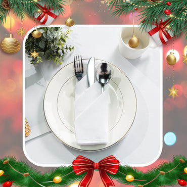 OTR ORVETEX Christmas White Cloth Napkins, 20 x 20 inch Washable Polyester Dinner Napkins with Hemmed Edges for Dinner Christmas X-mas Paeties Weddings Banquets Table Decoration (White,Pack of 24)