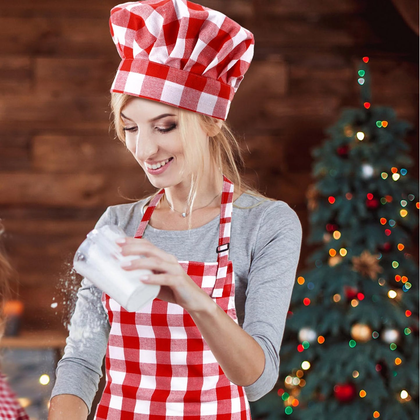 SATINIOR 2 Pcs Chef Costume for Women Men Chef Hat Apron Set for Adult Baker Apron Hat for Cooking Cosplay(Red, White,Plaid Style)