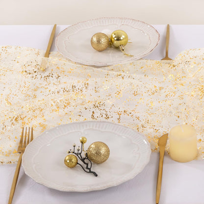 Socomi Christmas Snow Table Runner Gold Gauze Sheer Chiffon Cheesecloth Sequin 10FT Glitter Metallic Foil Dining Wedding Birthday Party Fall Winter Anniversary Holiday Centerpiece Table Decor Beige
