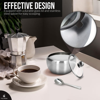 Zuckerdose mit Deckel und Löffel | 350-ml-Zuckerbehälter für die Kaffeebar | Edelstahlbehälter für Salz, Tee, Bonbons, Würfelzucker, braunen Zucker, Ghee | Aufbewahrungszubehör für die Küchenarbeitsplatte | 350 ml