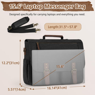RAINSMORE Messenger Bag für Herren, 15,6–17,3 Zoll Laptoptasche, wasserabweisende Canvas-Aktentasche, große Computertasche, Schultertasche für Arbeit, Uni und Reisen, Schwarz