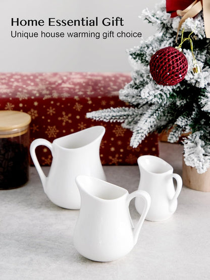 Nucookery Ceramic 4 Oz Creamer Pitcher Set, 2 Pack Creamer Container, White Small Milk Pitcher Container Cups with Handle For Sauces Salad Coffee Milk, Microwave & Freezer Safe, Set of 2