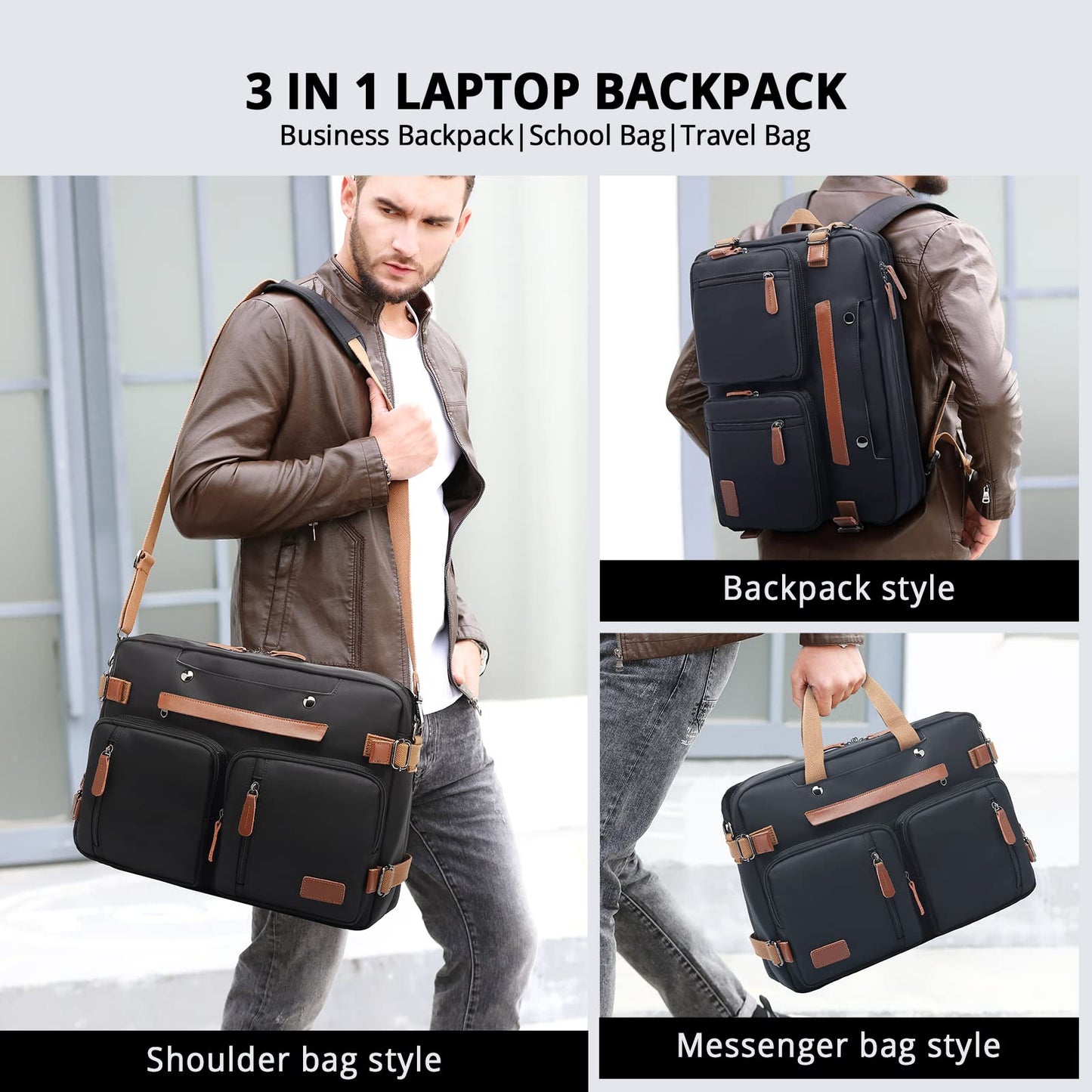 MOLNIA 3-in-1-Laptoptasche für Herren, 17,3-Zoll-Arbeitstasche für Herren, Laptop-Rucksack, Aktentasche, Umhängetasche, Computertasche für Laptops für Damen und Herren, Schwarz 