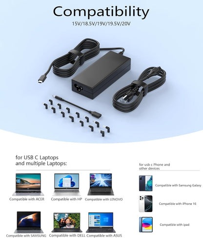 100W USB C Universal Laptop Charger with 15 Tips, Compatible with HP DELL Lenovo Acer Asus Toshiba Samsung MacBook IBM Sony LG & Chromebook, AC Power Adapter (Fits 90W 65W 45W)