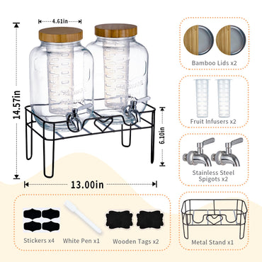 ShoreHao 2 Pack1Gallon Glass Drink Dispensers with Stand&Bamboo Lids&Fruit Infuser,304 Stainless Steel Leak-Proof Spigot,Beverage Dispenser for Parties,Water Sangria Juice Sun Tea Lemonade(Natural)