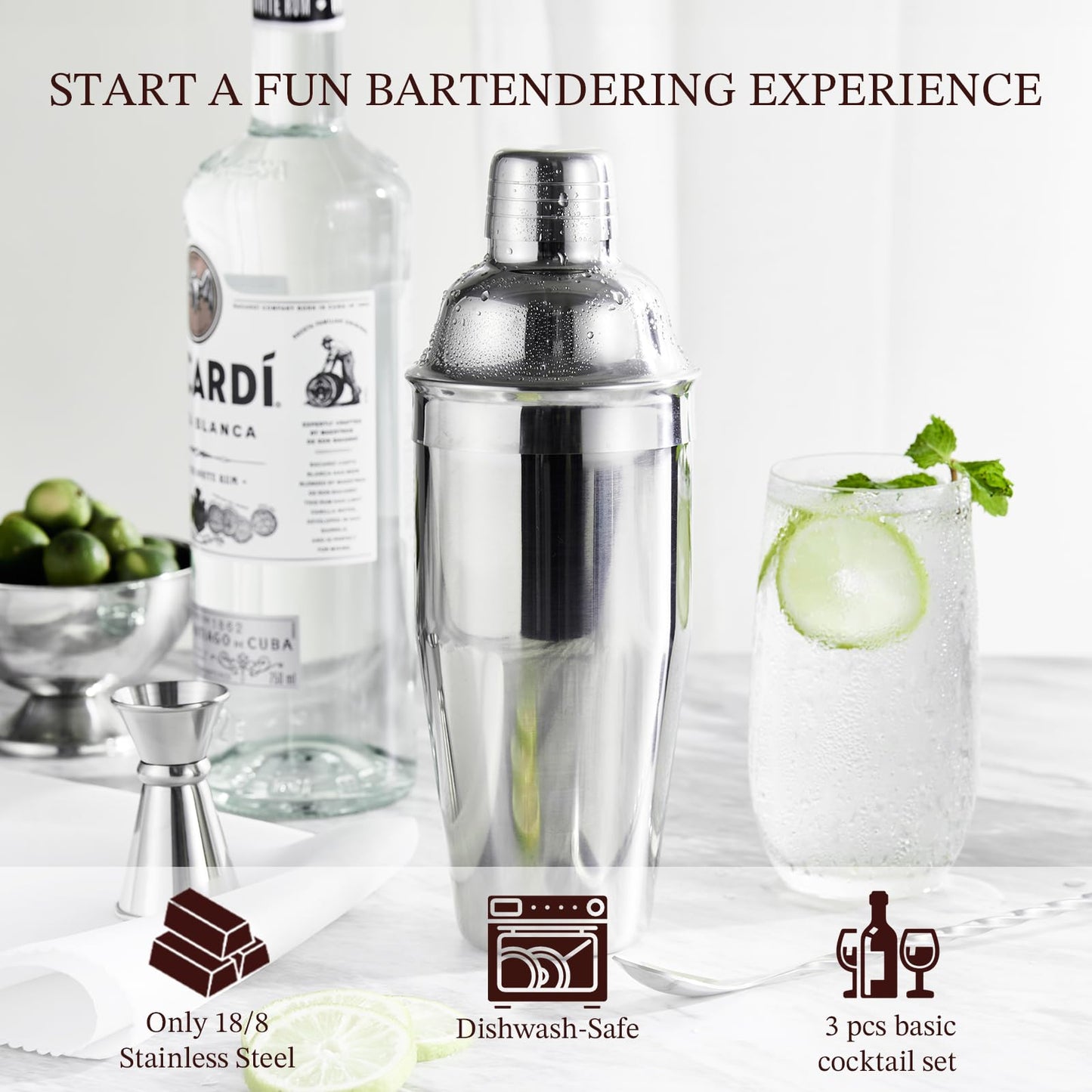 Cocktail Shaker, KITESSENSU 24oz Drink Shaker with Bartender Strainer, Measuring Jigger, Bar Mixing Spoon, Cocktail Recipe Guide, Professional Drink Mixer Set for Beginners, Silver