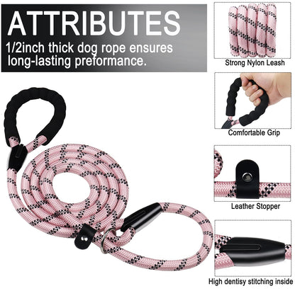 Hundeleine, 1,8 m lange, robuste Hundeleine, strapazierfähige Premium-Qualität, starke Seil-Schlupfleine mit komfortablem, gepolstertem Griff und hochreflektierenden Fäden für kleine, mittlere und große Hunde, (Schwarz) 