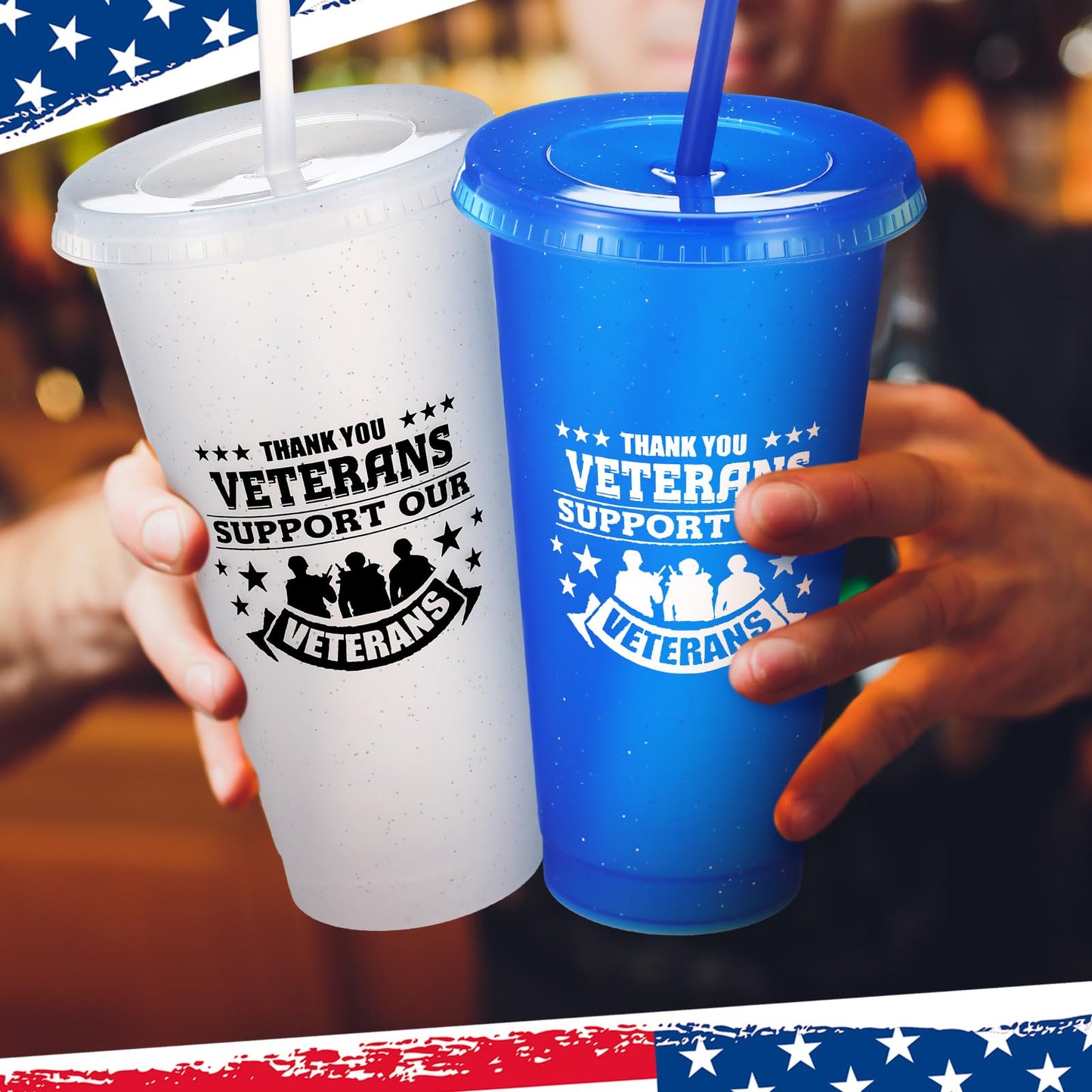 Skylety 24 Pcs Veterans Appreciation Gift 24 oz Support Our Veterans Day Gifts Plastic Coffee Cups with Straws and Lids Team Gift for Birthday Military Memorial Day