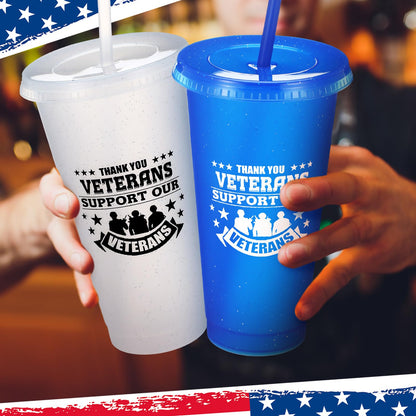 Skylety 24 Pcs Veterans Appreciation Gift 24 oz Support Our Veterans Day Gifts Plastic Coffee Cups with Straws and Lids Team Gift for Birthday Military Memorial Day