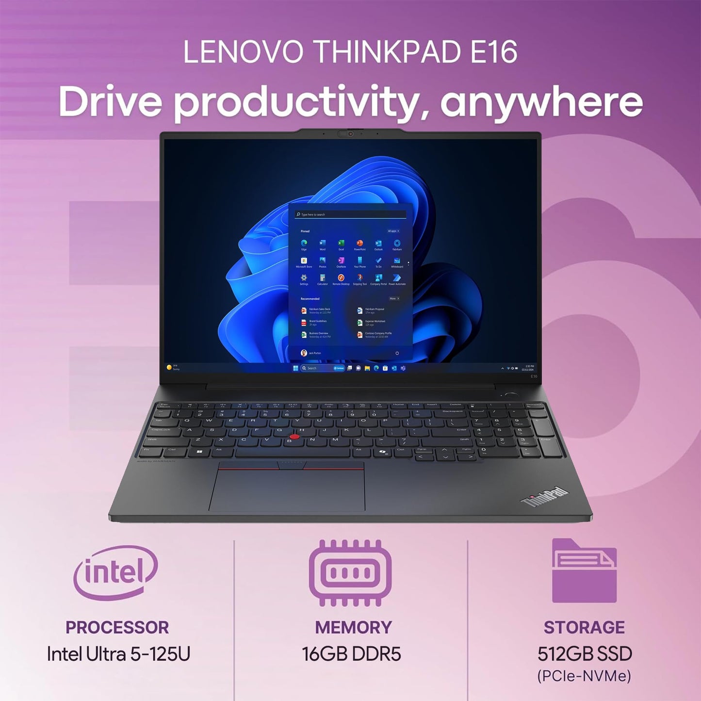 Oemgenuine Lenovo ThinkPad E16 Gen 2, WUXGA 16" Display, Intel Ultra 5-125U, 16GB DDR5 RAM, 512GB NVMe, Fingerprint, Backlit KB, WiFi 6E + BT, RJ-45, FHD Webcam, W11P, Business Laptop