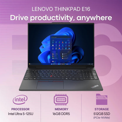 Oemgenuine Lenovo ThinkPad E16 Gen 2, WUXGA 16" Display, Intel Ultra 5-125U, 16GB DDR5 RAM, 512GB NVMe, Fingerprint, Backlit KB, WiFi 6E + BT, RJ-45, FHD Webcam, W11P, Business Laptop