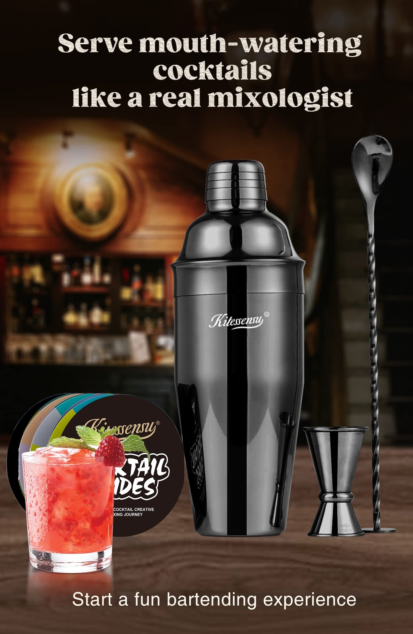 Cocktail Shaker, KITESSENSU 24oz Drink Shaker with Bartender Strainer, Measuring Jigger, Bar Mixing Spoon, Cocktail Recipe Guide, Professional Drink Mixer Set for Beginners, Silver