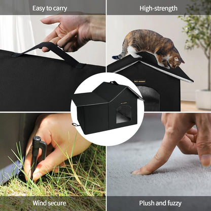 Rest-Eazzzy Outdoor Cat House, Feral Cat House Insulated with Mat and Clip, Weatherproof and Insulated, Cat Beds for Cats Kittens Puppies, Never Blow Away (Black, M 13" X 17" X 20")
