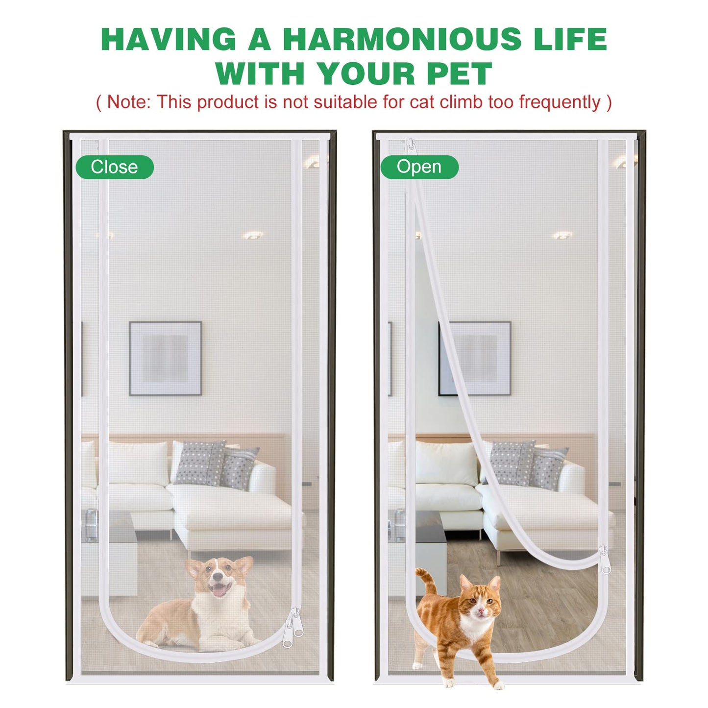 Reinforced Cat Screen Door, 35.5X82” Heavy Duty Pets Proof Screen Door with Bilateral Zipper, Prevent Dogs Cats Running Out from Home, Bedroom, Living Room, Kitchen Patio Doo