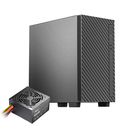 Rosewill FBM-X5 Micro-ATX Mini-Tower-PC-Gehäuse für Gaming und Büro mit vorinstalliertem 400-W-Netzteil, Unterstützung für 240-mm-/280-mm-AIO-Wasserkühlungen, 2x USB 2.0, 2x USB 3.0 und 1x 120-mm-PWM-Lüfter
