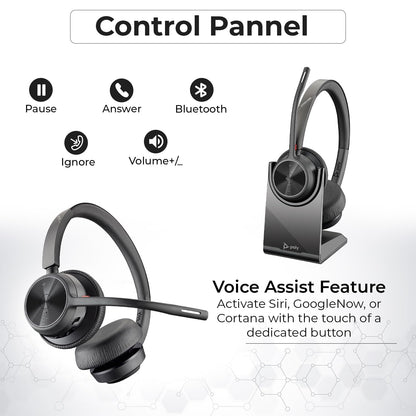Poly Voyager 4320 UC Kabelloses Headset &amp; Ladestation – Stereo-Kopfhörer mit geräuschunterdrückendem Mikrofonarm + Ladestation + USB-C-auf-A-Adapter + USB-C-Dongle + USB-Netzkabel + Tasche + Mikrofasertuch