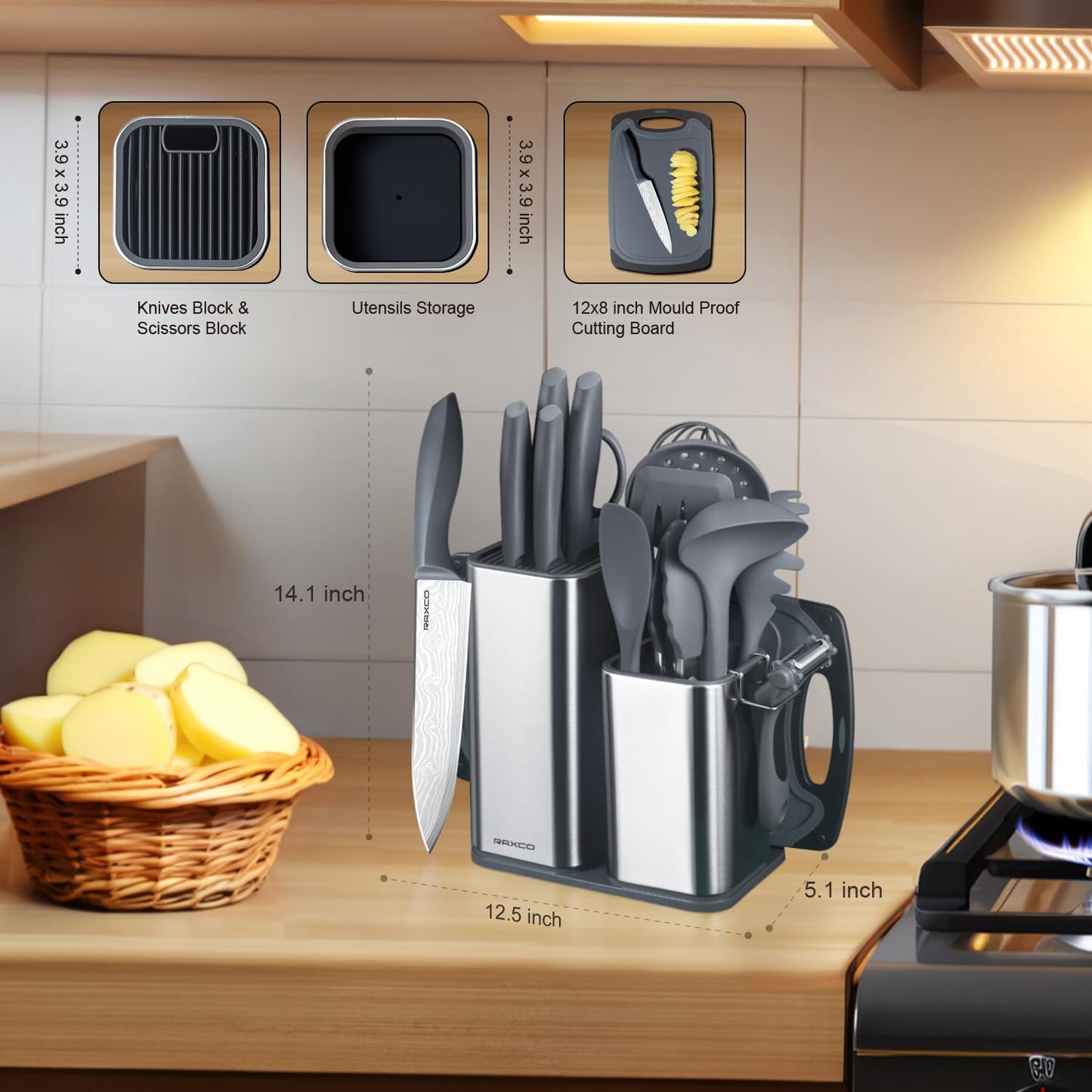 RAXCO Cooking Utensils Set,18-Piece Damascus Texture Knifes and Kitchen Gadgets,Integrated Storage,Grey