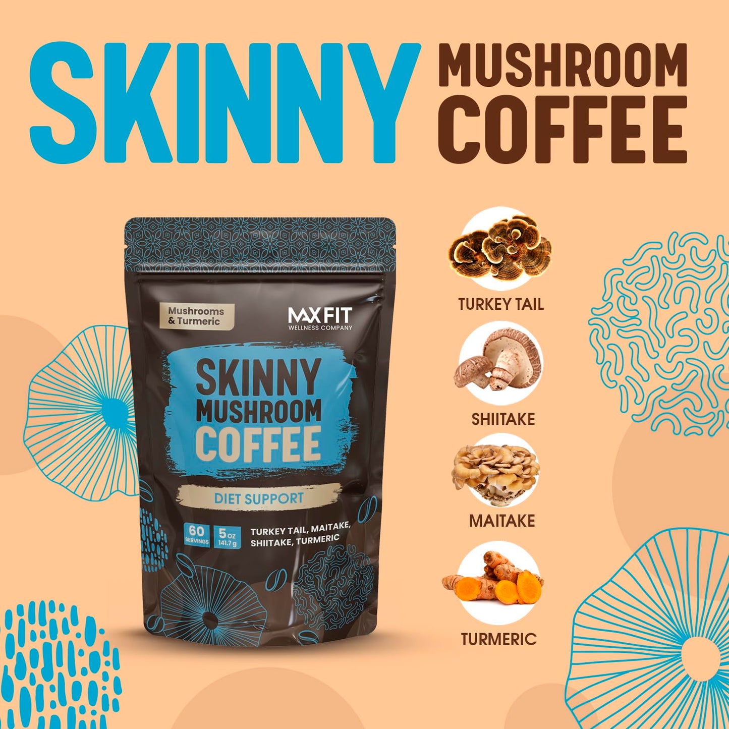 Instant-Pilzkaffee (60 Portionen) – Für mehr Konzentration und eine gesunde Ernährung – mit Schmetterlingsporling, Maitake, Shiitake und Kurkuma, gemischt mit 100 % Arabica-Kaffee (mittlere Röstung)