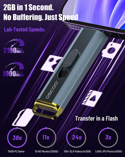 OSCOO 1 TB Portable SSD, bis zu 2100 MB/s, unterstützt Apple 4K 60fps ProRes, externe Festplatte USB 3.2 mit USB-C &amp; A für iPhone 15/16/17, Android, Mac &amp; PC, ideal für Fotografen und Content Creator