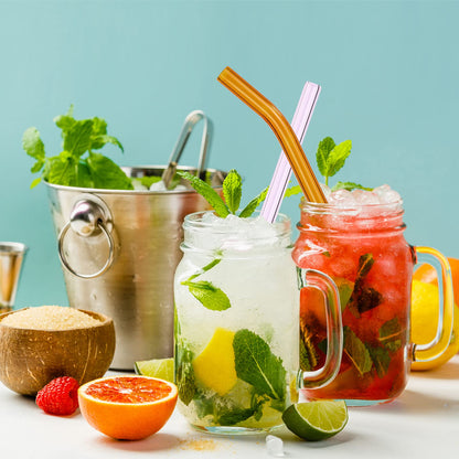 RENYIH 10 Pcs Reusable Glass Smoothie Straws,9''x12 mm Glass Drinking Straws for Milkshakes, Tea, Juice,Set of 5 Straight and 5 Bent with 2 Cleaning Brushes -Dishwasher Safe(Colorful)