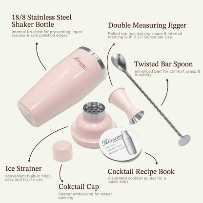 Cocktail Shaker, KITESSENSU 24oz Drink Shaker with Bartender Strainer, Measuring Jigger, Bar Mixing Spoon, Cocktail Recipe Guide, Professional Drink Mixer Set for Beginners, Silver