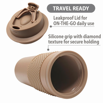 Stephan Roberts 2er-Pack Kaffeebecher-Set (je 473 ml), hergestellt mit echtem Kaffeepulver, abnehmbarer und doppelwandiger Isolierdeckel, geeignet für Getränkehalter, spülmaschinen- und mikrowellengeeignet, auslaufsicherer Deckel, BPA-frei, braun