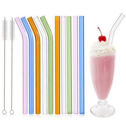 RENYIH 10 Pcs Reusable Glass Smoothie Straws,9''x12 mm Glass Drinking Straws for Milkshakes, Tea, Juice,Set of 5 Straight and 5 Bent with 2 Cleaning Brushes -Dishwasher Safe(Colorful)