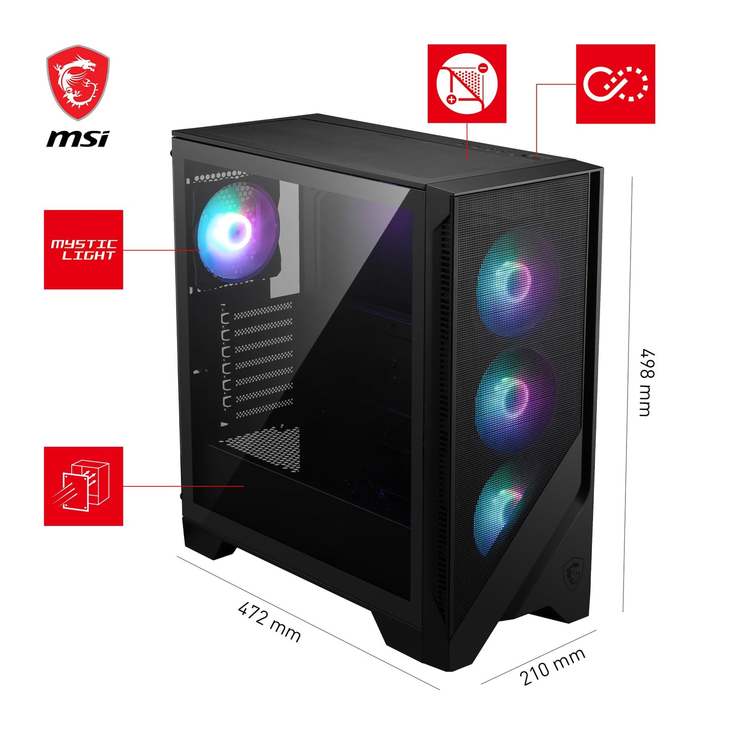 MSI MAG Forge 321R Airflow - Premium Mid-Tower Gaming PC Case - Tempered Glass Side Panel - ARGB 120mm Fans - Liquid Cooling Support up to 360mm Radiator - Vented Front Panel