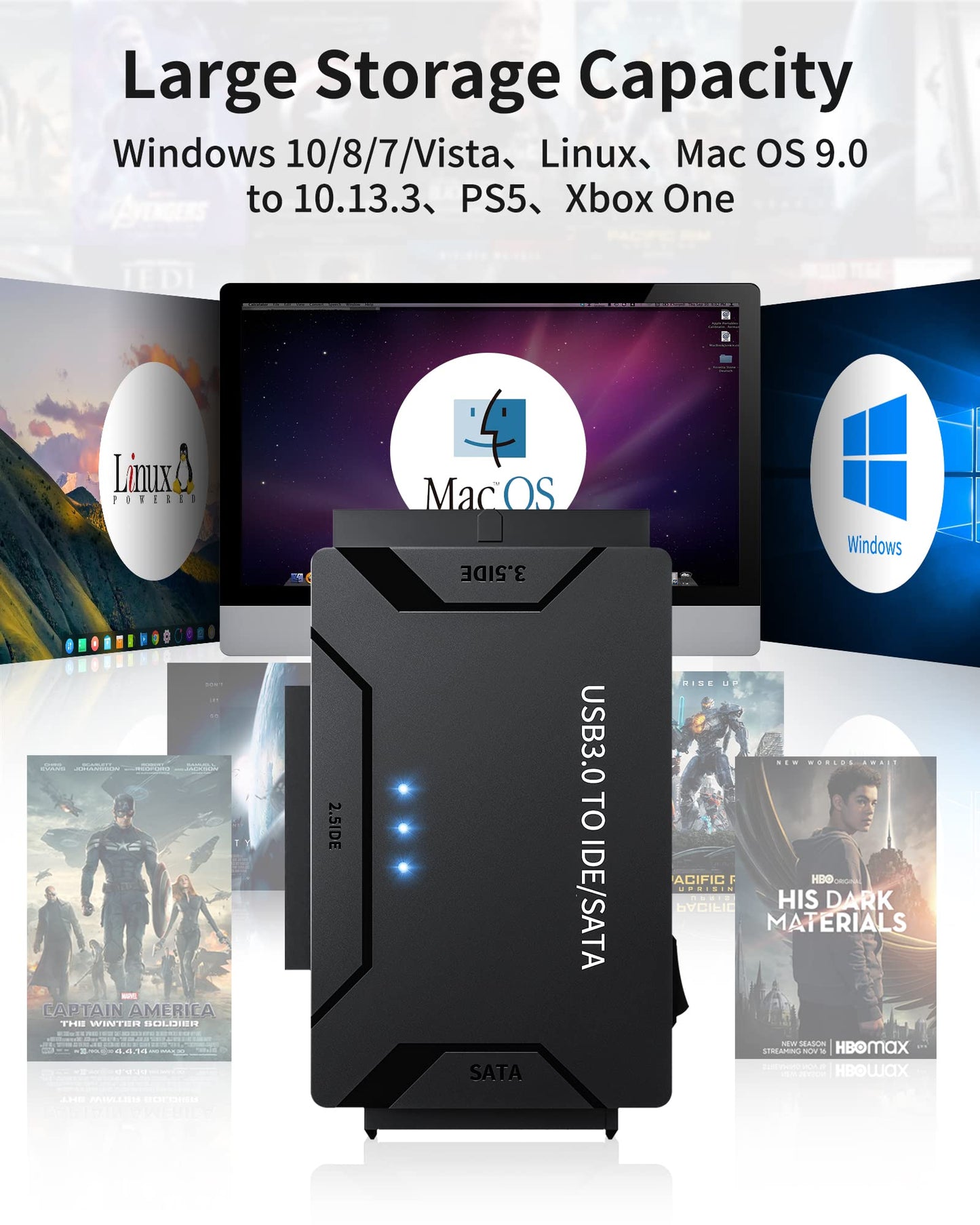 POSUGEAR USB 3.0 to IDE/SATA Adapter, External Hard Drive Reader, Universal 2.5"/3.5" HDD/SSD Converter, 12V/2A Power Adapter