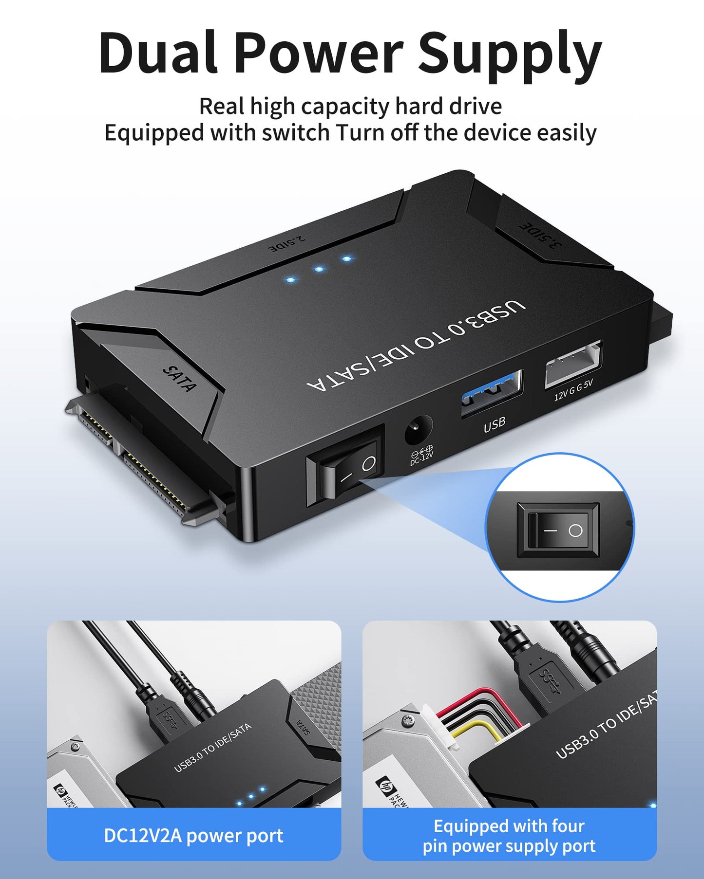 POSUGEAR USB 3.0 to IDE/SATA Adapter, External Hard Drive Reader, Universal 2.5"/3.5" HDD/SSD Converter, 12V/2A Power Adapter